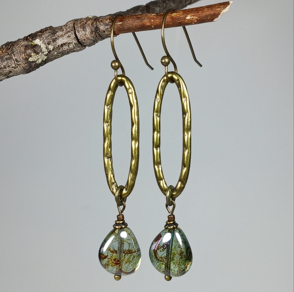 Hand Crafted Jewelry - HAND CRAFTED EARRINGS Boho Green Artisan Glass Brass Oval Dangle Drop